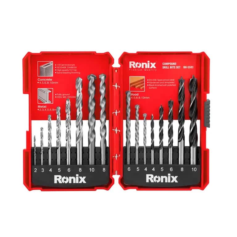 Набор сверл по металлу, бетону и дереву в пластиковом футляре 16шт Ronix
